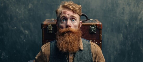 Wall Mural - A doubtful, confused redhead man with a long beard holds a suitcase.