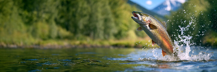 Rainbow trout jumping out of the water with a splash. Fish above water catching bait. Panoramic banner with copy space