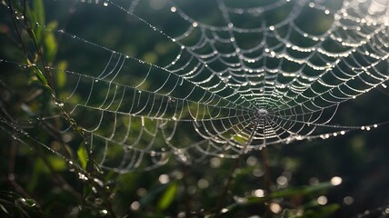 Closeup shot of dew on scattered bokeh spider web.	
