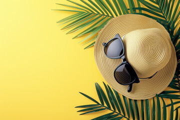 Sticker - Flat lay Minimal fashion summer holiday vacation concept, Top view straw hat and sunglasses tropical tree leaves on yellow background