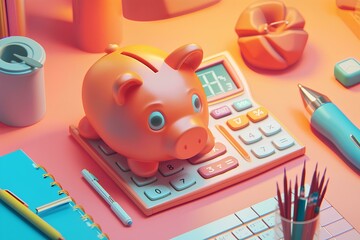 Wall Mural - piggy bank with calculator and office supplies on an orange background, in the style cute and colorful Financial and investment business graduation concepts