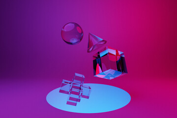 Poster - 3d illustration of a colorful node on pink background. fantastic shapes .simple geometric shapes