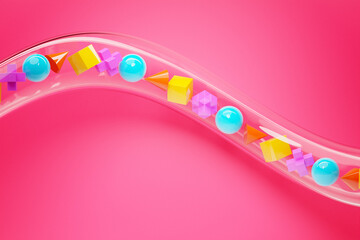 Poster - 3D illustration of multi-colored volumetric geometric shapes flying through a transparent labyrinth on a  pink background