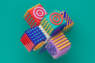 Poster - 3d illustration abstract shape with different geometric patterns on each side on a green background,