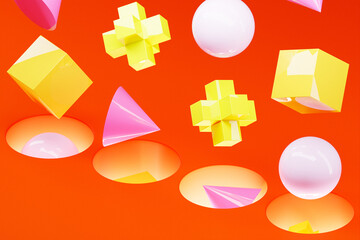 Poster - 3D illustration Abstract multi-colored shapes: cube, torus, sphere, polygon falling into a portal against a  orange  background, 3D illustration.