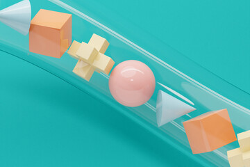 Poster - 3D illustration of multi-colored volumetric geometric shapes flying through a transparent labyrinth on a  pink background