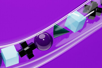 Poster - Multi-colored graphic objects and frames of geometric shapes fly through a transparent tunnel. Minimalistic digital posters, contemporary art, 3D illustration