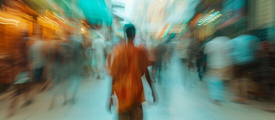 Poster - Blurred artistic backdrop of a man wearing a sarong on a shopping street.