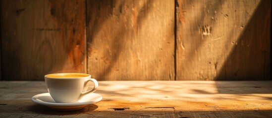 Sticker - Morning sunlight illuminates a wooden backdrop as hot espresso is displayed.