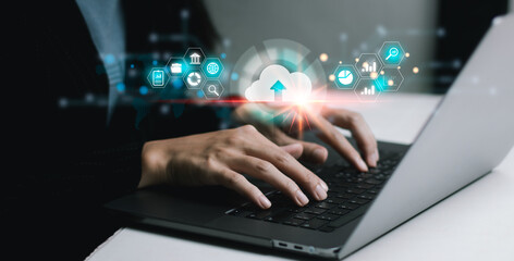 Poster - Business person using laptop computer to virtual download and upload data on cloud computing and technology.