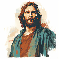 Wall Mural - Illustrated Portrait of Jesus Christ in Thoughtful Pose

