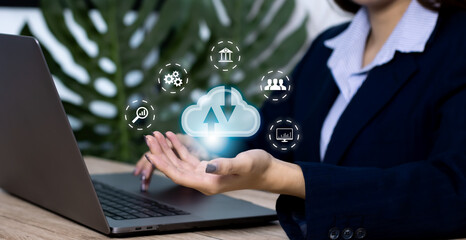 Poster - Asian woman using laptop computer to download virtual data from cloud storage database online. Technology and lifestyle concept.