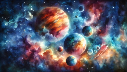 Wall Mural - Vibrant watercolor cosmic scene with planets and nebula