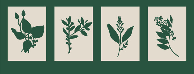 Aufkleber - Set of posters with green silhouettes of flowers, plants and leaves.