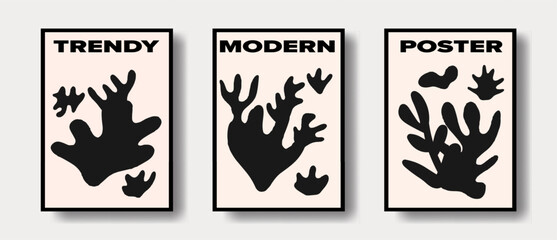 Aufkleber - Set of posters with black silhouettes of flowers, plants and leaves on a beige background.
