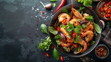 Spicy Mixed Seafood Salad With Thai Food Ingredients, Realistic, HD, Copy Space - Generative Ai