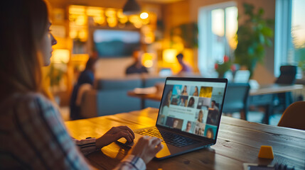 Poster - A woman is sitting at a table working on a laptop.