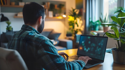 Poster - A man wearing a plaid shirt is sitting at a table working on a laptop.