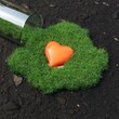 Closeup Orange color heart shape middle on green grass. Creative idea concept. 3D Rendering.