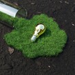 Closeup Golden Light bulb shape middle on green grass. Creative idea concept. 3D Rendering.