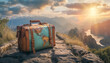 Vintage Suitcase Overlooking a Majestic Mountainous Landscape at Sunset
