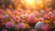 Easter Wonderland Mid-Range Festivity with Pastel Eggs Amid Spring Flowers, Defocused Backdrop Conjuring Anticipation and Mystery in the Whimsical Egg Hunt. Made with Generative AI Technolog