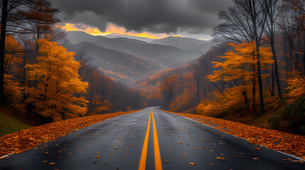 Wall Mural - Mountain road - fall day - autumn - peak leaves - golden hour - low angle shot - cinematic - inspired by the beautiful scenery of  Western North Carolina 