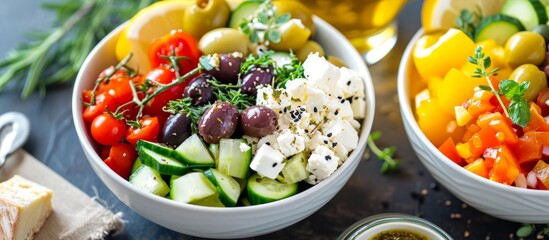 Wall Mural - Healthy diet bowls filled with vegetables such as cheese, cucumber, olives, and tomatoes, resembling a Greek salad.