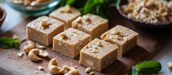 Sunflower and peanut halva displayed on a cutting surface, a calorific treat with an oriental touch.