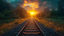 Sunset Glow On Railroad Tracks Leading Through A Lush Forest