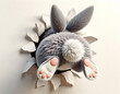 A humorous 3D image of a bunny stuck in a round hole of a broken wall, showing only its hindquarters.