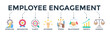 Employee engagement banner concept with icon of workload, recognition, clarity, autonomy, stress, relationship, growth, fairness. 