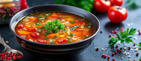 Wall Mural - Cabbage soup with fresh tomatoes, capsicum and carrot.