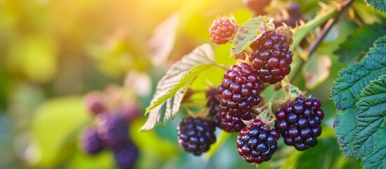 Wall Mural - Summer blackberry branch with berry and leaves as a close-up food background.