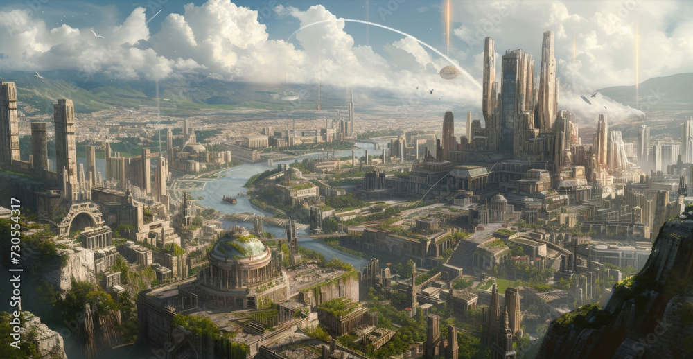 A Futuristic Cityscape Is Juxtaposed With Ancient Ruins Highlighting 
