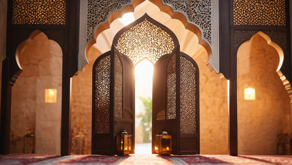 Abstract Islamic interior, lantern, gate, arches, door. Ramadan Lantern