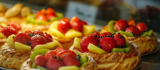 Poster - Pastries filled with strawberries, kiwi, and pineapple at a bakery.