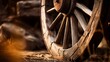 Detailed close-up of a wooden wagon wheel.