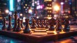 Strategically positioned chess pieces on board against backdrop of blurred city at night symbolizing intricacies of business competition and leadership captures essence of strategy