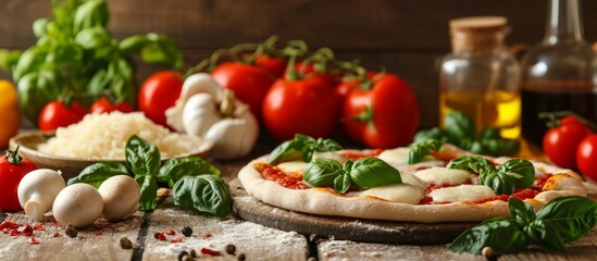 Wall Mural - Mozzarella and vegetables for pizza on a rustic kitchen table.