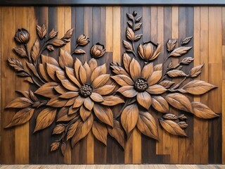 a wooden panel with a flower and leaves