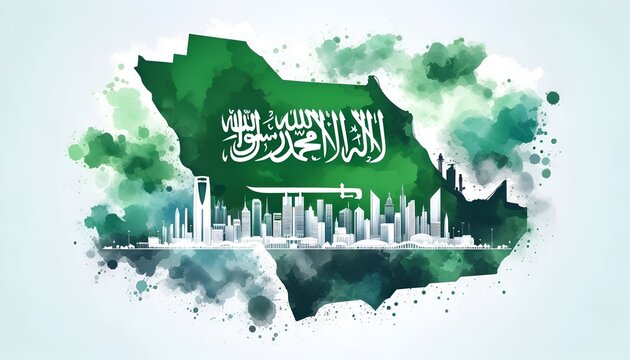 Watercolor painting style illustration of the saudi arabia map and flag with city skyline.