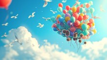 In This Whimsical Scene A Group Of Hedgehogs Have Tied Themselves Together With Balloons And Are Floating Merrily In The Sky Much To The Surprise Of The Birds Flying By.