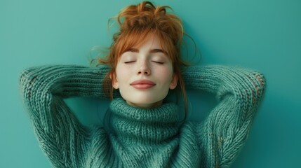 Young caucasian woman stretching arms with eyes closed, in woolen turtleneck pull over, relaxed position isolated on teal background, copy space.