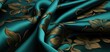 A close up of a teal and gold fabric. Generative AI.