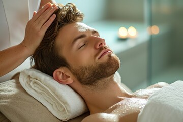 Man having head massage while lying on chaise lounge in a spa