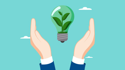 Environmental social and governance, sustainable business, industry using environmentally friendly energy or renewable energy, businessman holding sustainability light bulb vector illustration