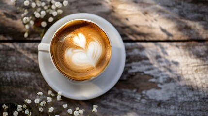 Poster - Heart Shape Latte Art Coffee Cup Close Up On A Wooden Table (Generative AI).