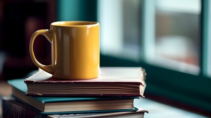 Wall Mural - Coffee Mug Sitting Atop Stack Of Books (Generative AI)