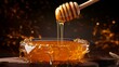 Image of thick honey streaming from a wooden dipper.